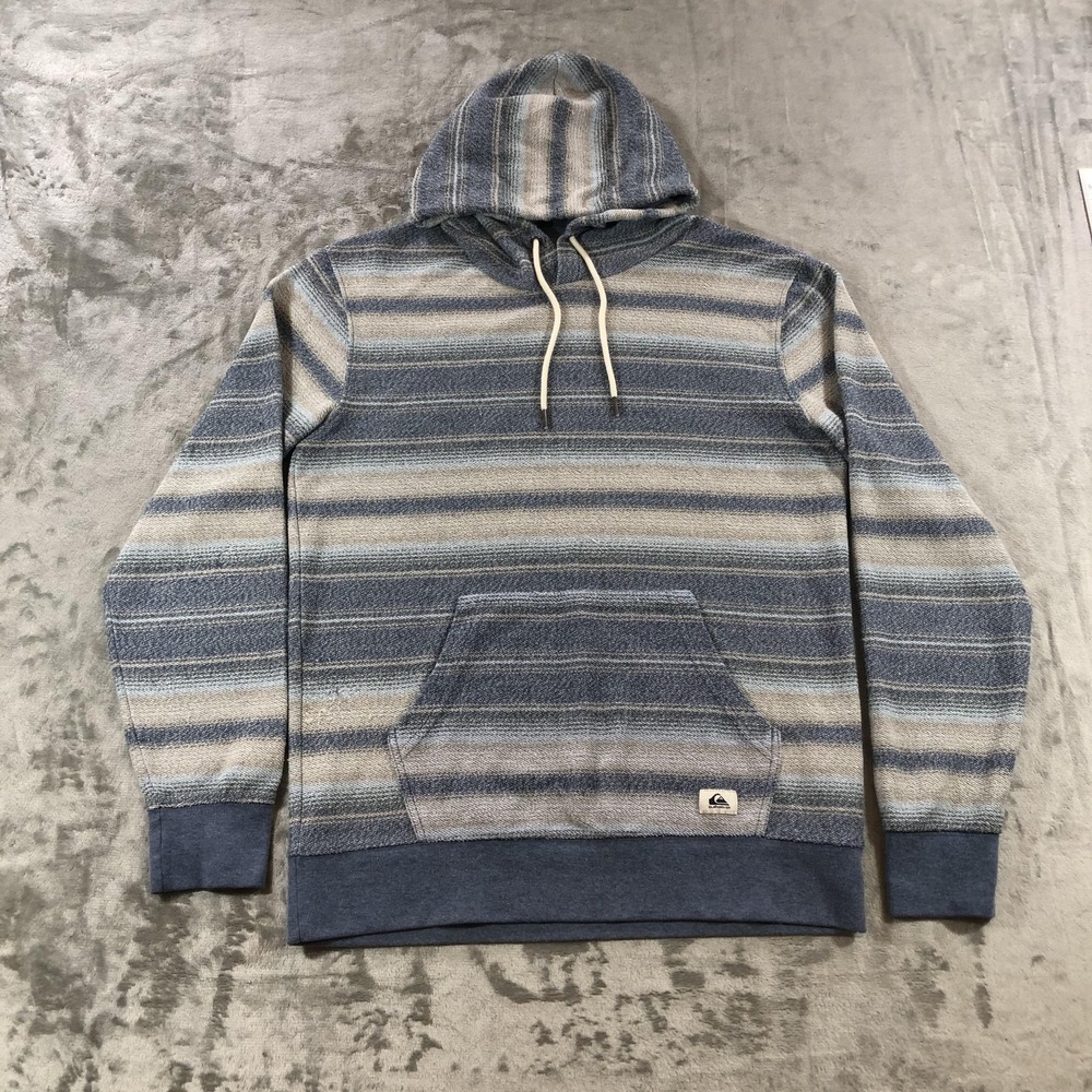 Quiksilver Hoodie Mens Medium Blue Beige Striped Pullover Kangaroo Pocket